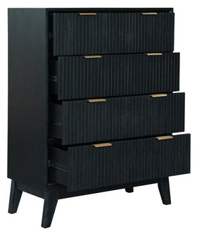 Modern black tallboy dresser with four open drawers and gold handles, ribbed wood finish