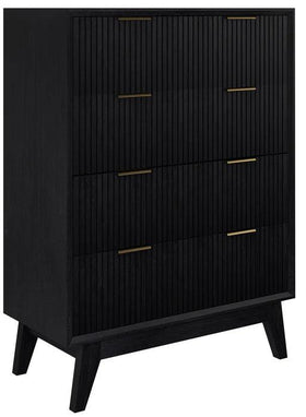 Modern black wooden chest of drawers with gold handles and vertical groove design
