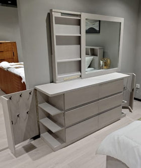 Cambridge dresser in grey timber finish with six drawers, side shelving and a matching framed mirror, displayed in a showroom setting - The A2Z Furniture