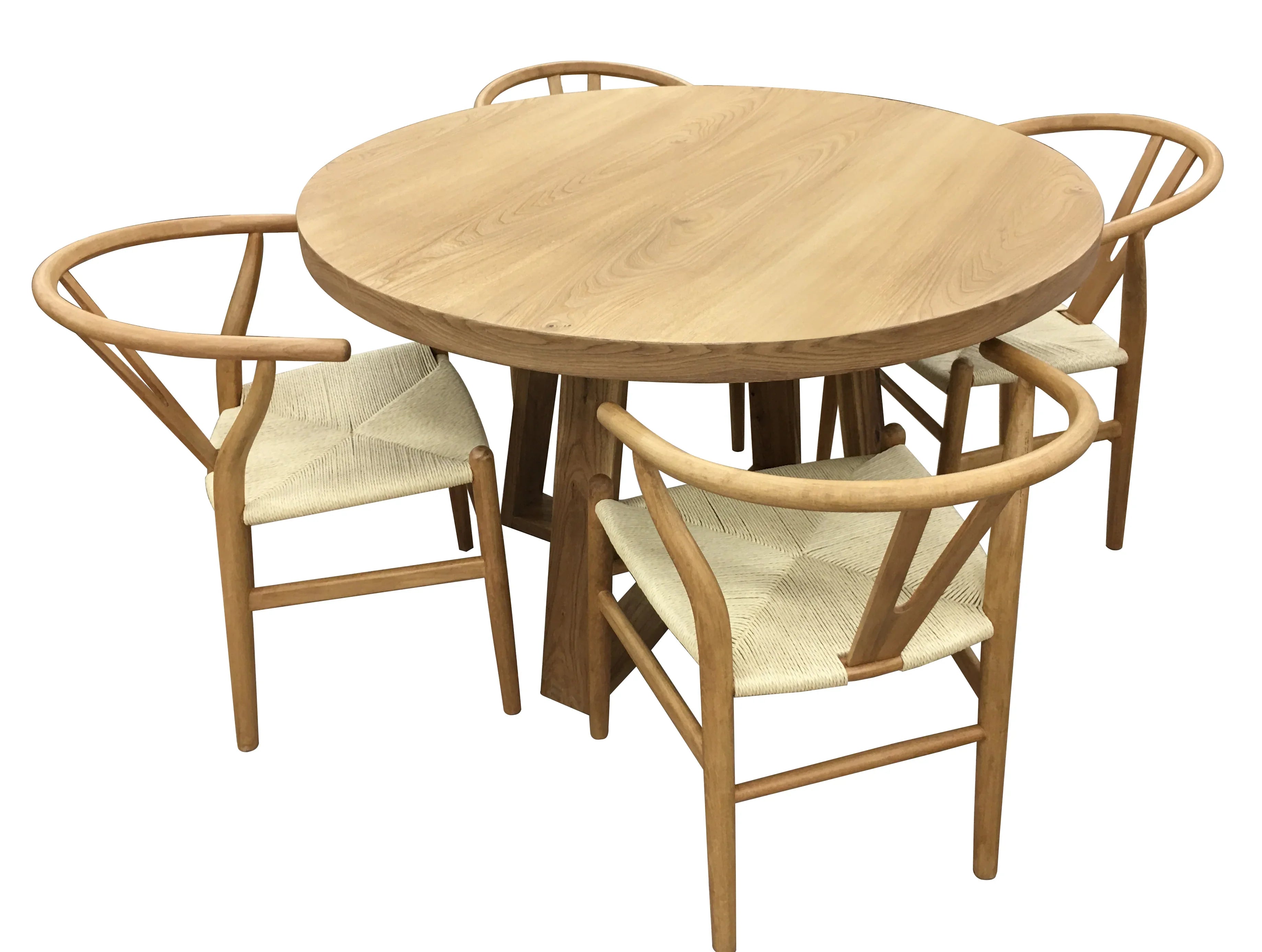 Round wooden table with four matching chairs on a white background
