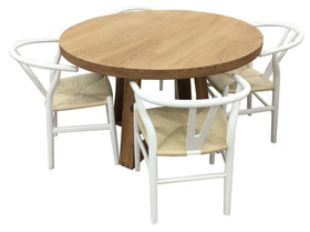 Round wooden table with four white chairs on a white background