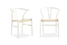Two white chairs with wooden seats on a white background
