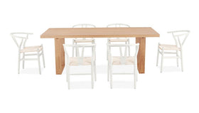 Airlie 7 Piece Dining Set - 210cm table with 6 white wishbone chairs, studio shot