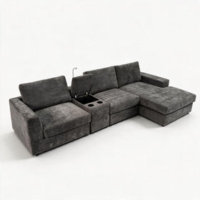 Amberley Chaise Lounge in Granite with the console lid open, showing the storage compartment, cup holders and reading light