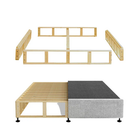 Wooden bed frame with a mattress on a white background