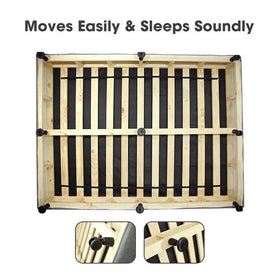 Wooden pet crate with black bars on a white background, featuring text 'Moves Easily & Sleeps Soundly'.