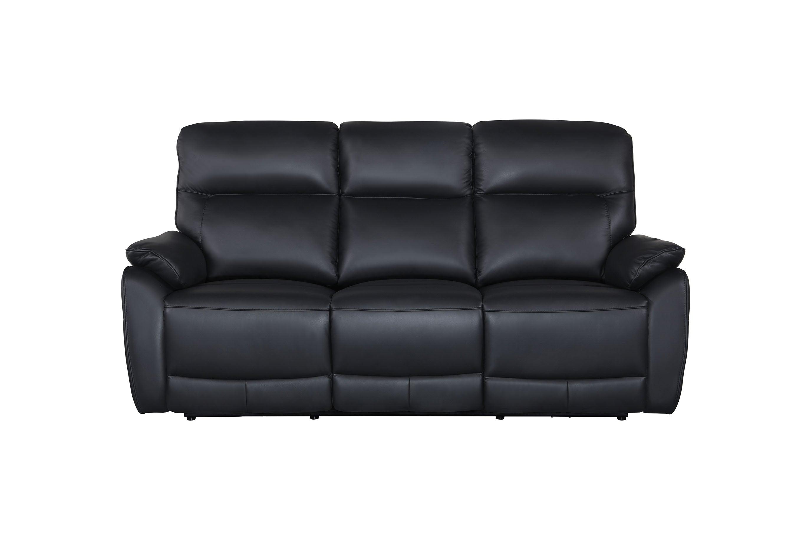 Modern black three-seater sofa with padded armrests and cushioned backrest, isolated on white