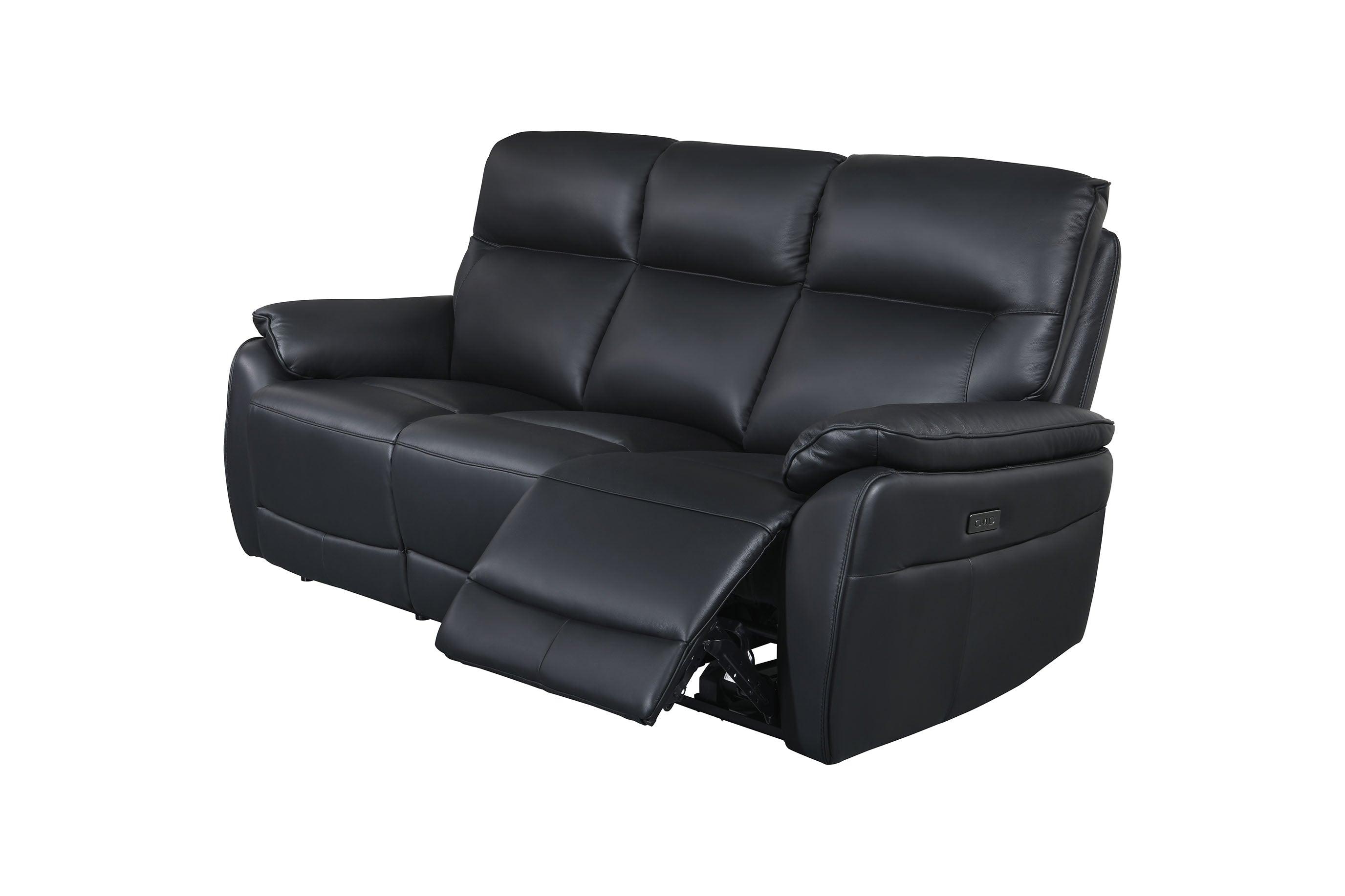 Black 3-seater leather recliner sofa with plush cushioning and extended footrest