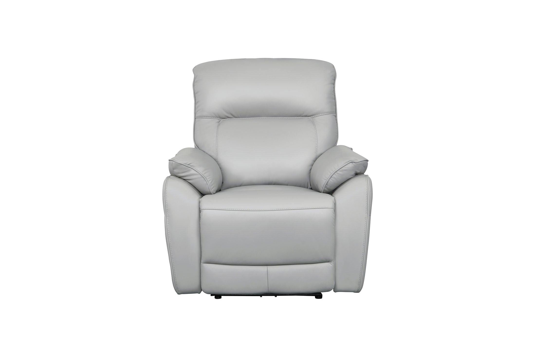 Modern silver leather armchair recliner with padded armrests and high backrest, front view
