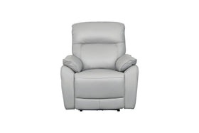 Modern silver leather armchair recliner with padded armrests and high backrest, front view