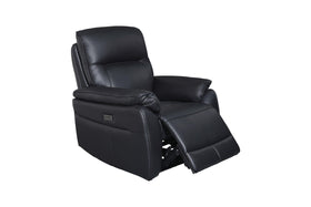 Black leather recliner chair with extended footrest, plush padding and modern design