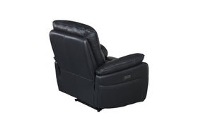 Black leather recliner armchair with plush cushioning, shown from the back on white background