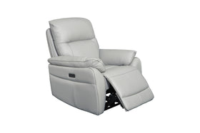 Silver leather electric recliner armchair with padded cushions and footrest extended