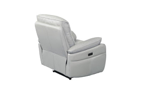 Modern silver leather recliner armchair with padded back and armrests on white background