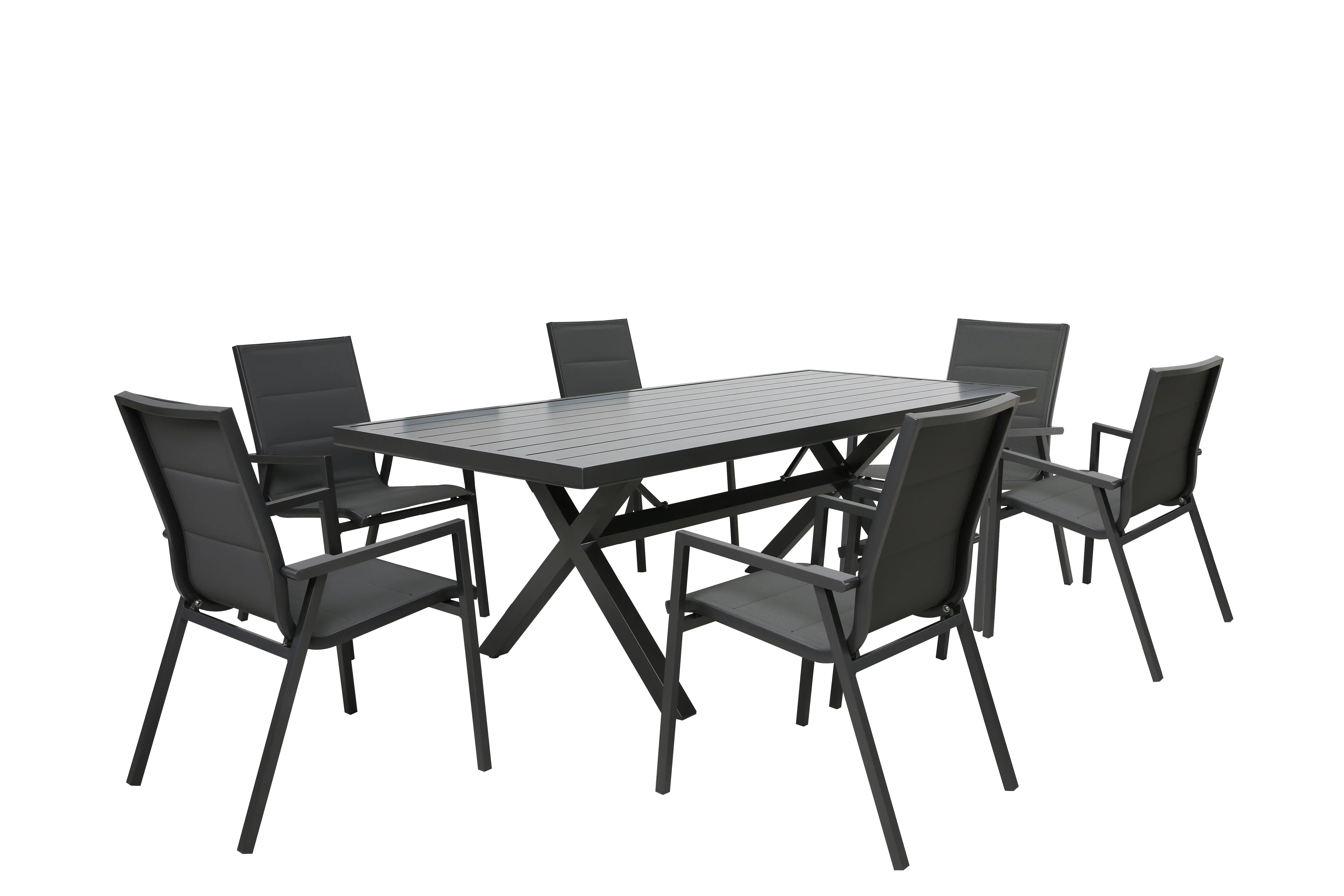 Modern outdoor dining set with six black chairs and a rectangular metal table
