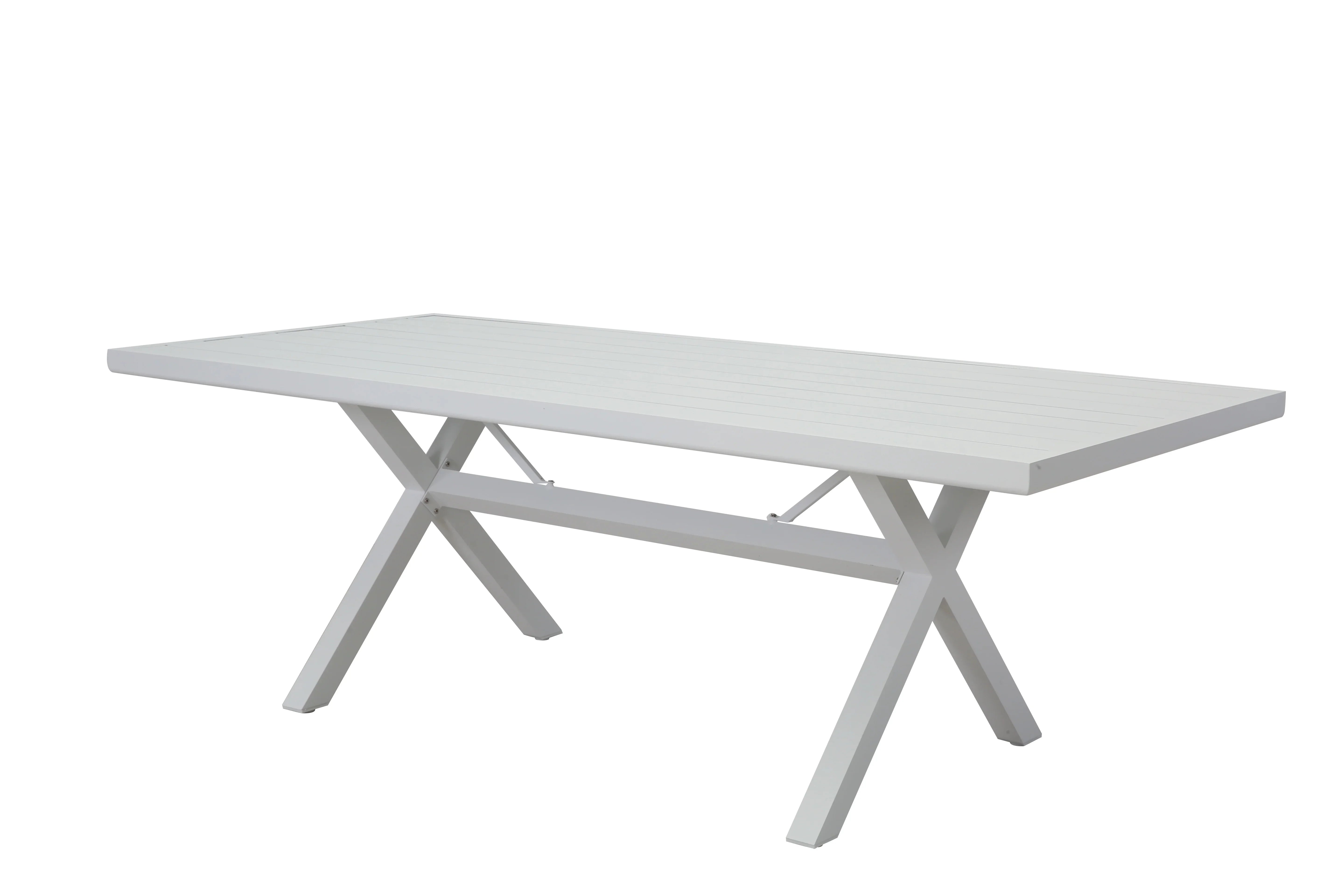 modern white outdoor dining table with slatted top and cross legs