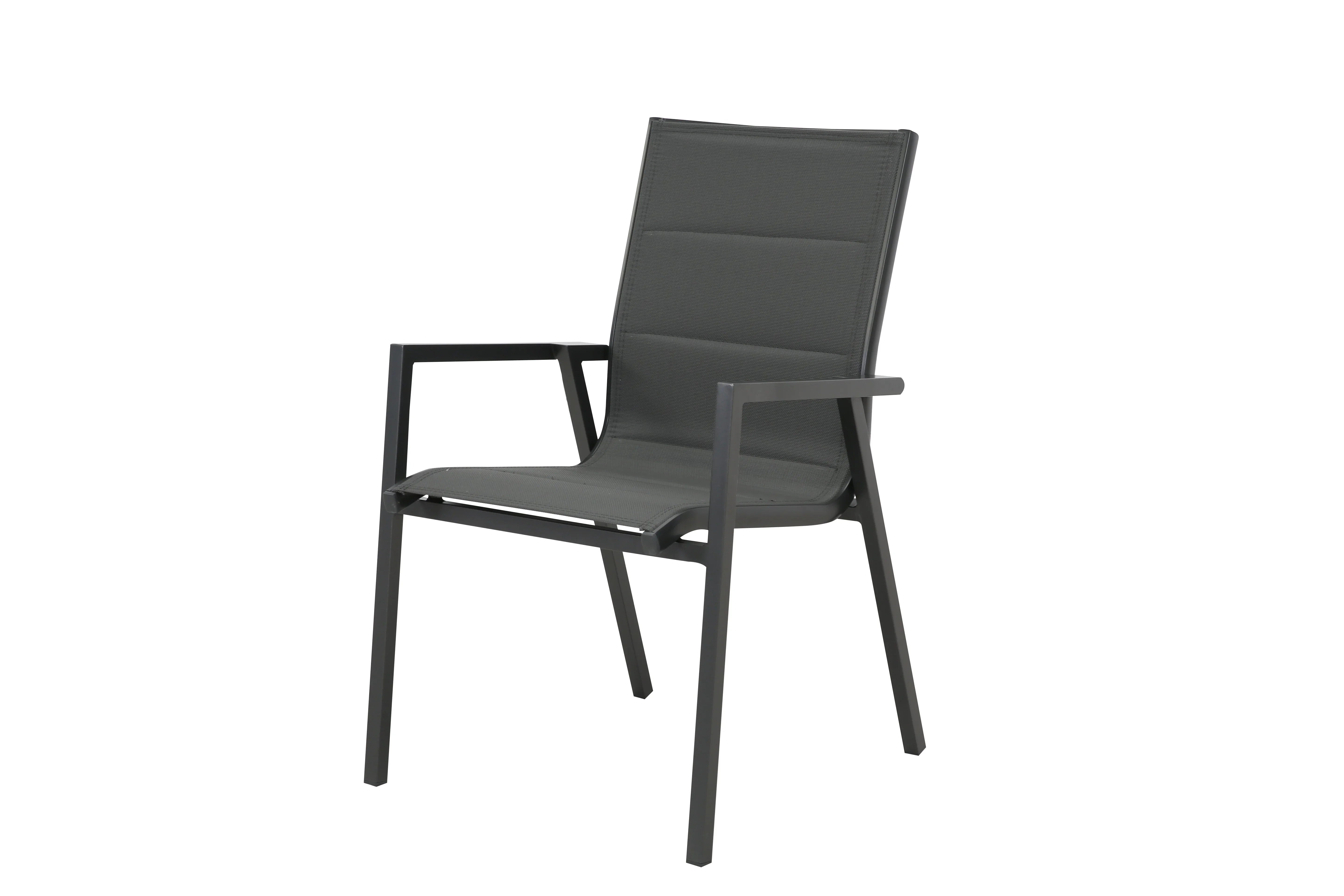 Modern outdoor chair with black metal frame and dark mesh seat, isolated on white background