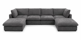 Aspley Modular Lounge in Dark Grey, front view of the U-shape: two corner seats, two armless seats and two ottomans