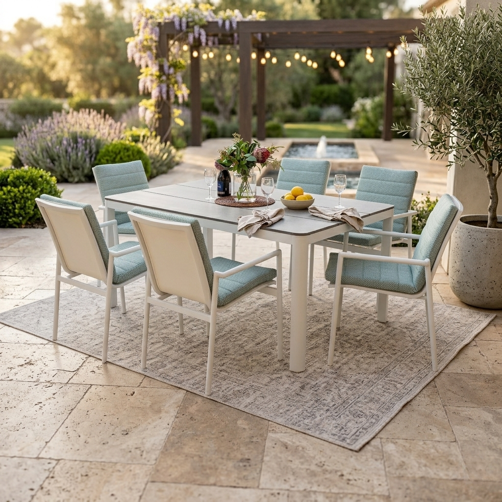 Outdoor dining set with table and chairs on a patio