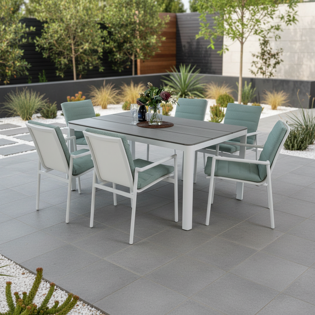 Outdoor patio set with a table and chairs on a tiled patio.