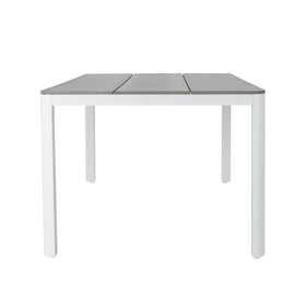Square outdoor table with a gray top and white base on a white background
