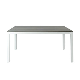 Rectangular table with a dark gray top and white legs on a white background