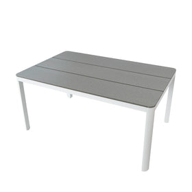 Rectangular outdoor table with gray top and white legs on a white background