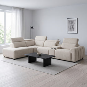 Auburn Corner Lounge in Beige fabric with chaise, adjustable headrests, cup-holder console and channelled arm, in a bright living room