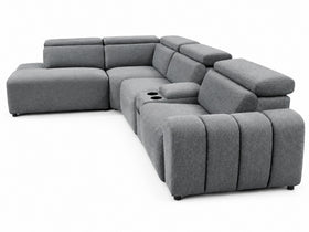 Auburn Corner Lounge in Dark Grey, close view of the four-channel rounded arm and the console with two cup holders