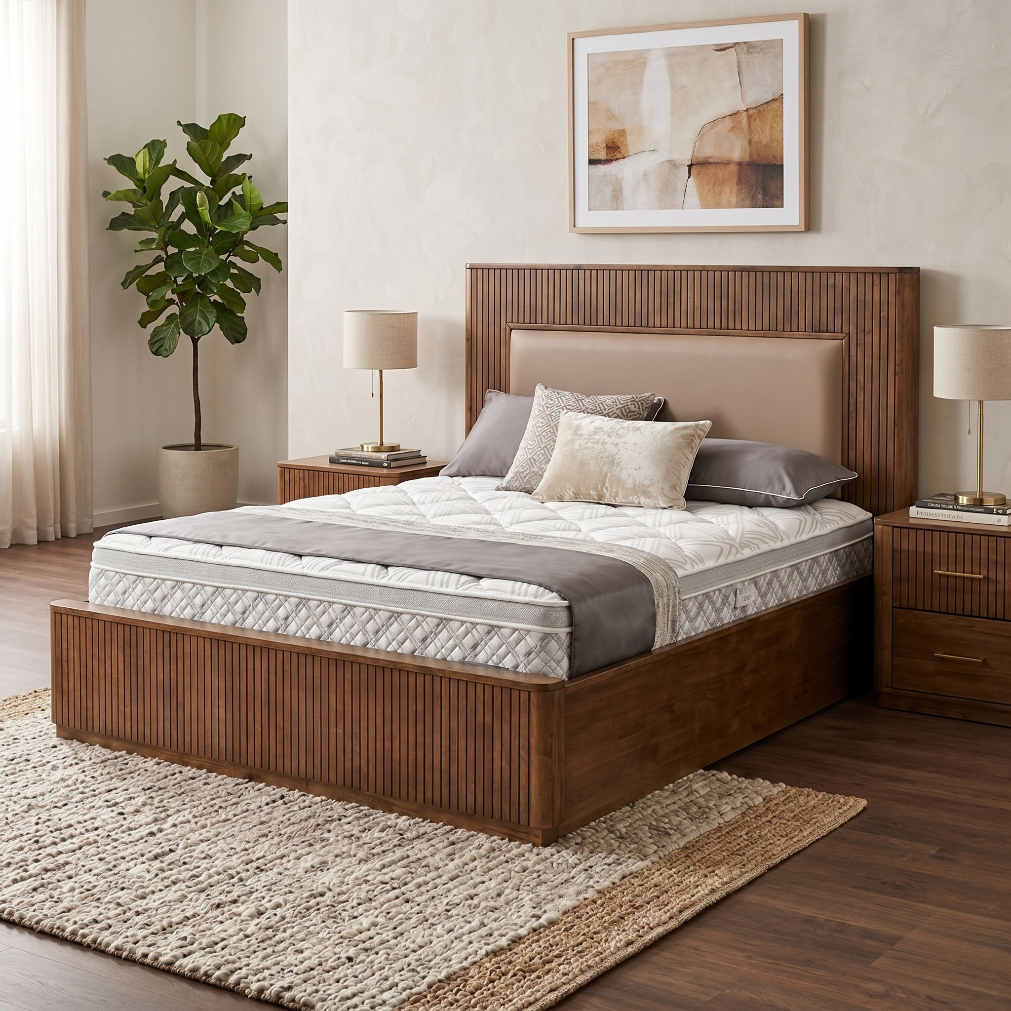 Wooden bed with bedding in a bedroom setting