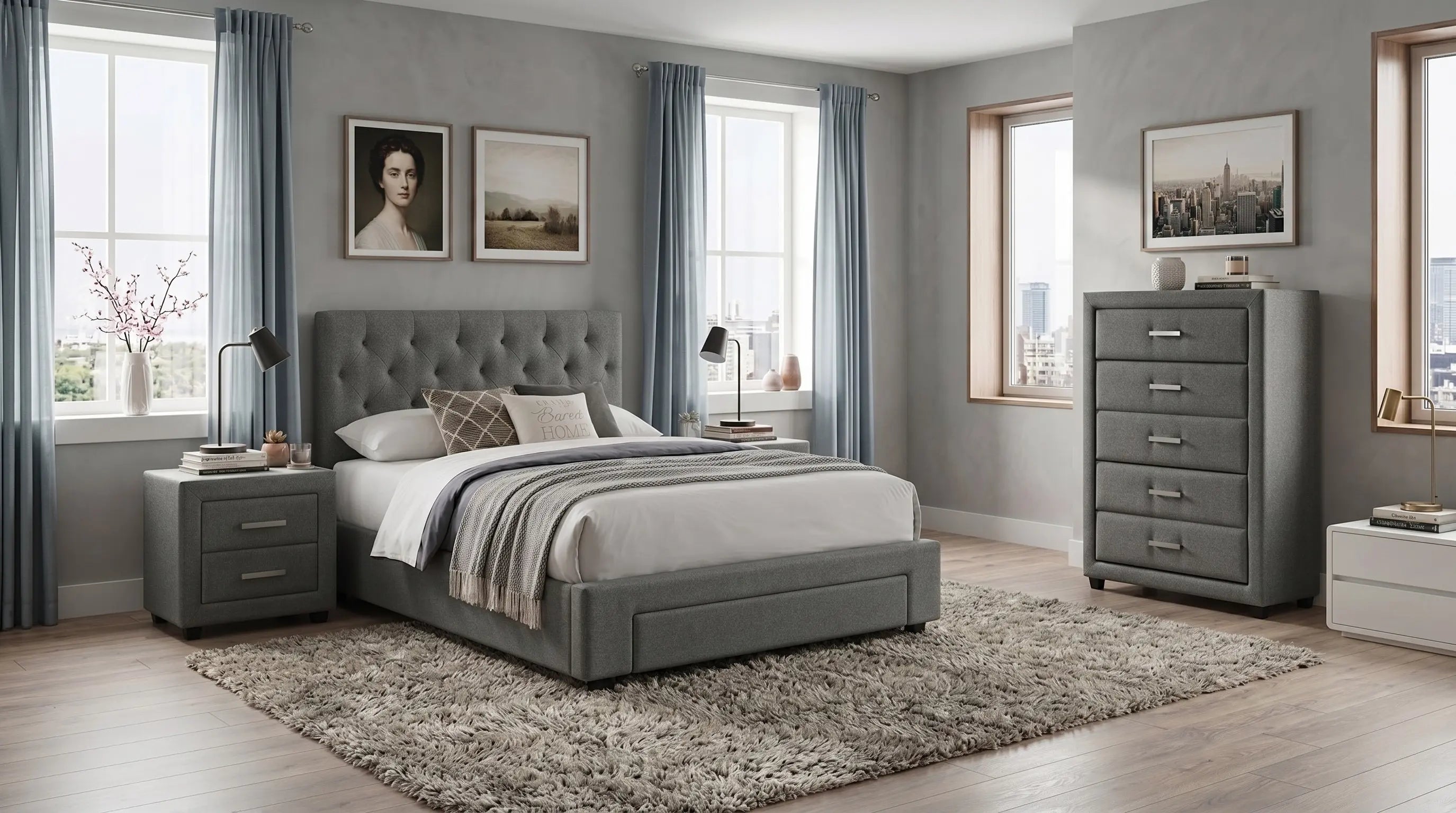 Modern bedroom with gray upholstered bed, nightstands, and dresser.