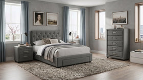Modern bedroom with gray upholstered bed, nightstands, and dresser.