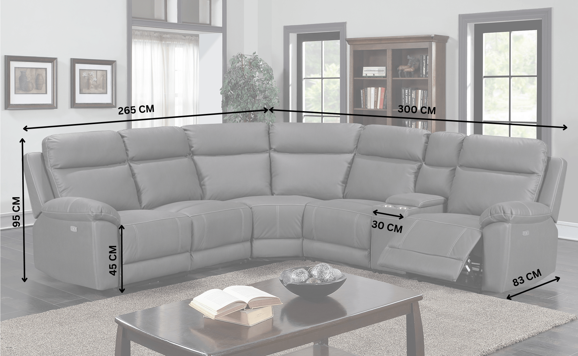 Grey sectional recliner lounge sofa with labeled measurements in a bright living room