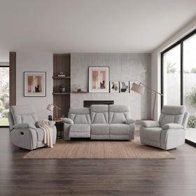 Baker 3+1+1 recliner package in light grey: 3 seater and two recliner chairs, styled in a living room - The A2Z Furniture