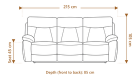 Baker 3 seater chenille recliner dimension diagram showing 215 cm length, 85 cm depth and 105 cm overall height with a 45 cm seat height