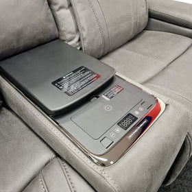 Ballina 2 Seater Electric Recliner Lounge in grey, close-up of the centre console lid opened to show the wireless charging pad, digital temperature display and touch controls