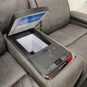 Ballina 2 Seater Electric Recliner Lounge in grey, centre console fully opened to reveal the lined cooling compartment with the beverage temperature guide printed inside the lid