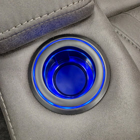 Ballina 2 Seater Electric Recliner Lounge in grey, close-up of the blue LED-lit cup holder set into the armrest
