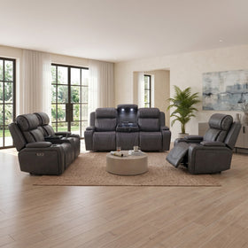 Ballina 3+2+1 electric recliner package in grey: 3 seater with drop-down lit console, 2 seater and recliner chair, styled in a living room - The A2Z Furniture