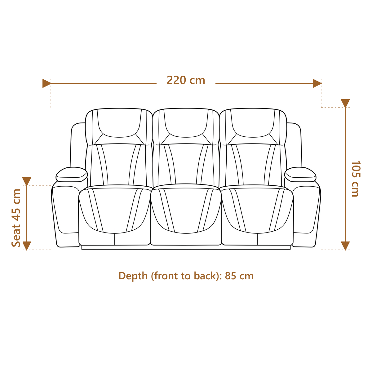 Ballina 3 seater electric recliner dimension diagram showing 220 cm length, 85 cm depth and 105 cm overall height with a 45 cm seat height