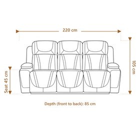 Ballina 3 seater electric recliner dimension diagram showing 220 cm length, 85 cm depth and 105 cm overall height with a 45 cm seat height