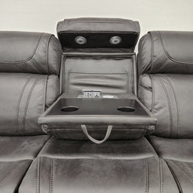 Ballina 3 Seater Electric Recliner Lounge in grey - drop-down centre console open, showing the padded tray with two cup holders, a power point, USB ports and a wireless charging pad