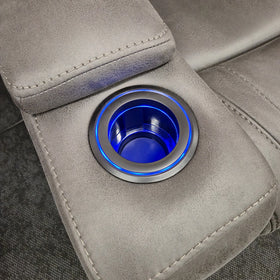 Close-up of the blue LED-lit cup holder set into the arm of the Ballina 3 Seater Electric Recliner Lounge in grey