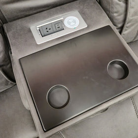 Close-up of the Ballina 3 Seater Electric Recliner Lounge console tray - Australian power point, USB-A and USB-C ports and a wireless charging pad