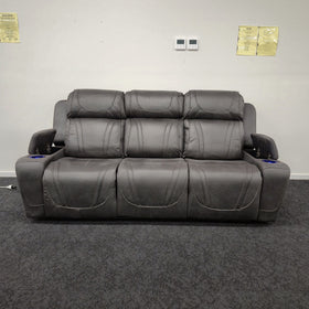 Ballina 3 Seater Electric Recliner Lounge in grey with both arm storage compartments open, on display in The A2Z Furniture showroom