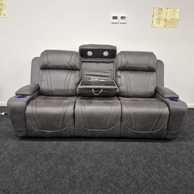 Ballina 3 Seater Electric Recliner Lounge in grey with the drop-down console open and the arm cup holders lit, on display in The A2Z Furniture showroom