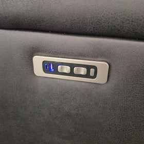 Close-up of the Ballina Electric Recliner Chair arm control panel in grey, with two backlit rocker switches, a USB-C port and a USB-A port