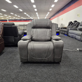 Ballina Electric Recliner Chair in grey, front view with the seat upright and a cup holder in each arm, on display in The A2Z Furniture showroom