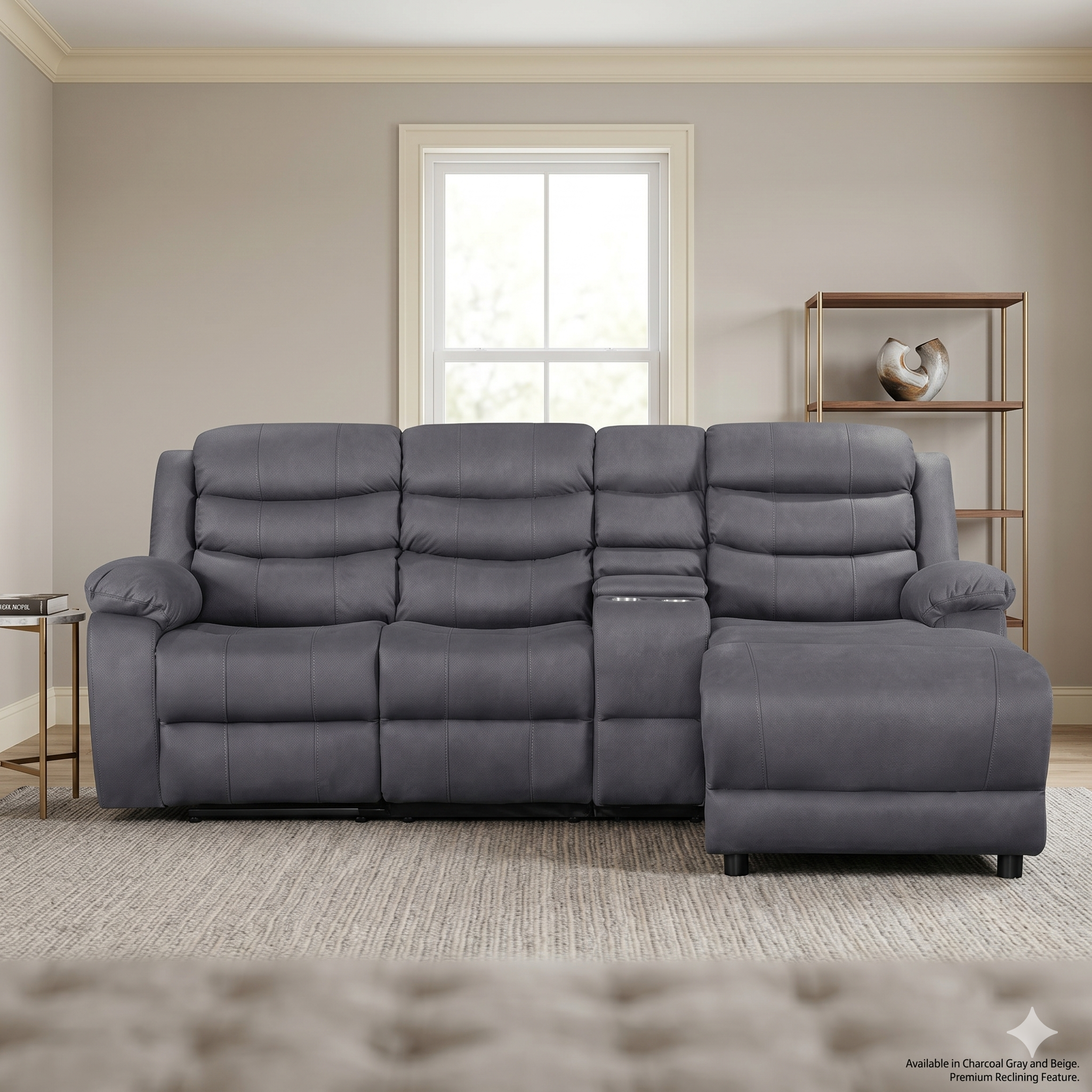 Gray sectional sofa in a living room setting with a window and shelf in the background.
