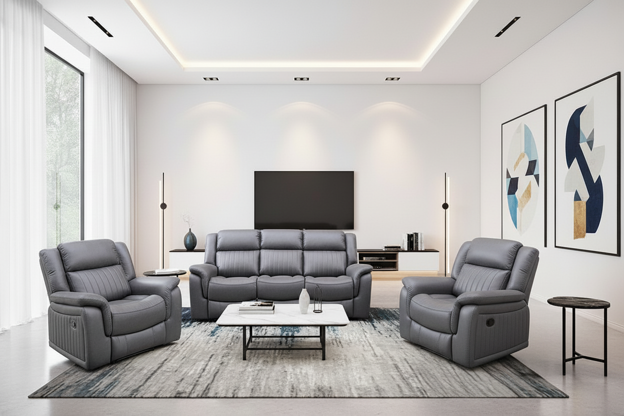 Modern living room with gray sofa, armchair, and coffee table.